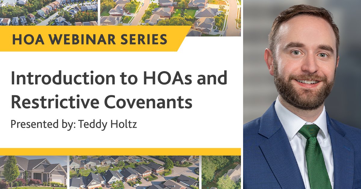 WinsteadPC's tweet image. Watch Teddy Holtz give an overview of HOA responsibility and general topics of concern for an HOA, including assessment collection, covenant enforcement, board meetings, member meetings, and architectural review. 

Watch here: bit.ly/3roCnaH

#HOA #hoalaw #covenants