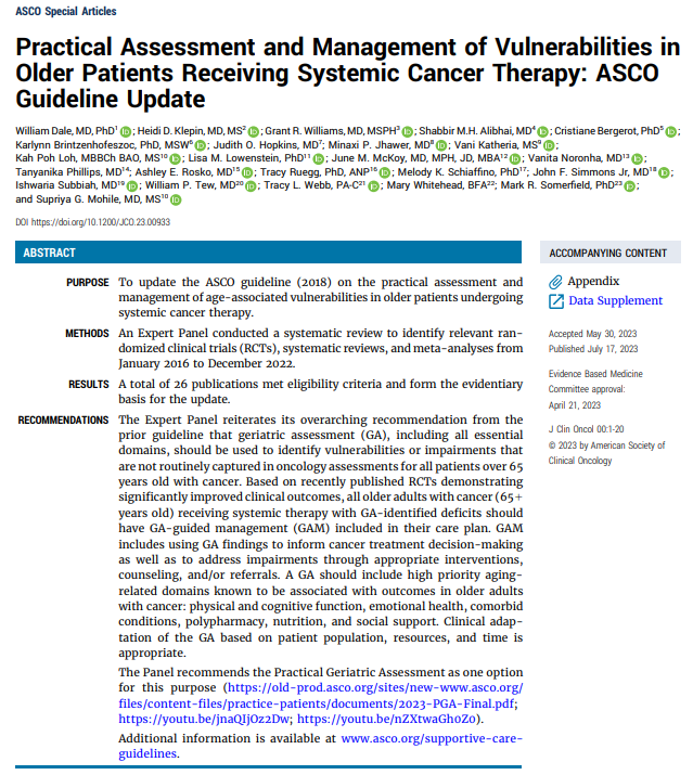 myCARG's tweet photo. The NEW 2023 Practical #GeriatricAssessment from @ASCO was designed to address the barriers to routine implementation of #GA in clinical practice #PracticalGA23 #OncoAlert #GeriOnc #OlderAdults #Cancer @myCARG @SIOGorg @YoungSIOG @CityofHope @cityofhopeoc @MySuppCareCOH 1/13 https://t.co/AMSHPgMEKm