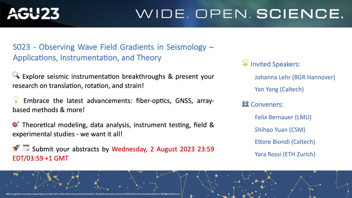📣🗓️ CALL FOR ABSTRACTS #AGU23 "S023 - Observing Wave Field Gradients in Seismology – Applications, Instrumentation, and Theory". Explore the latest breakthroughs in seismic instrumentation!  Share your research on translation, rotation and strain! 
agu.confex.com/agu/fm23/preli…