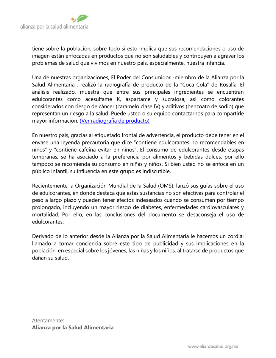 actuaporlasalud's tweet photo. ¿Por qué es preocupante que @rosalia promocione productos como @CocaColaMx?

🛑Este tipo de #publicidad agrava los problemas de salud que vivimos en México, con una de las tasas más altas de obesidad y enfermedades crónicas en el mundo.

Aquí te contamos 🧵👇🏽
#RosalíaSinCocaCola https://t.co/bzKNwVwJFD