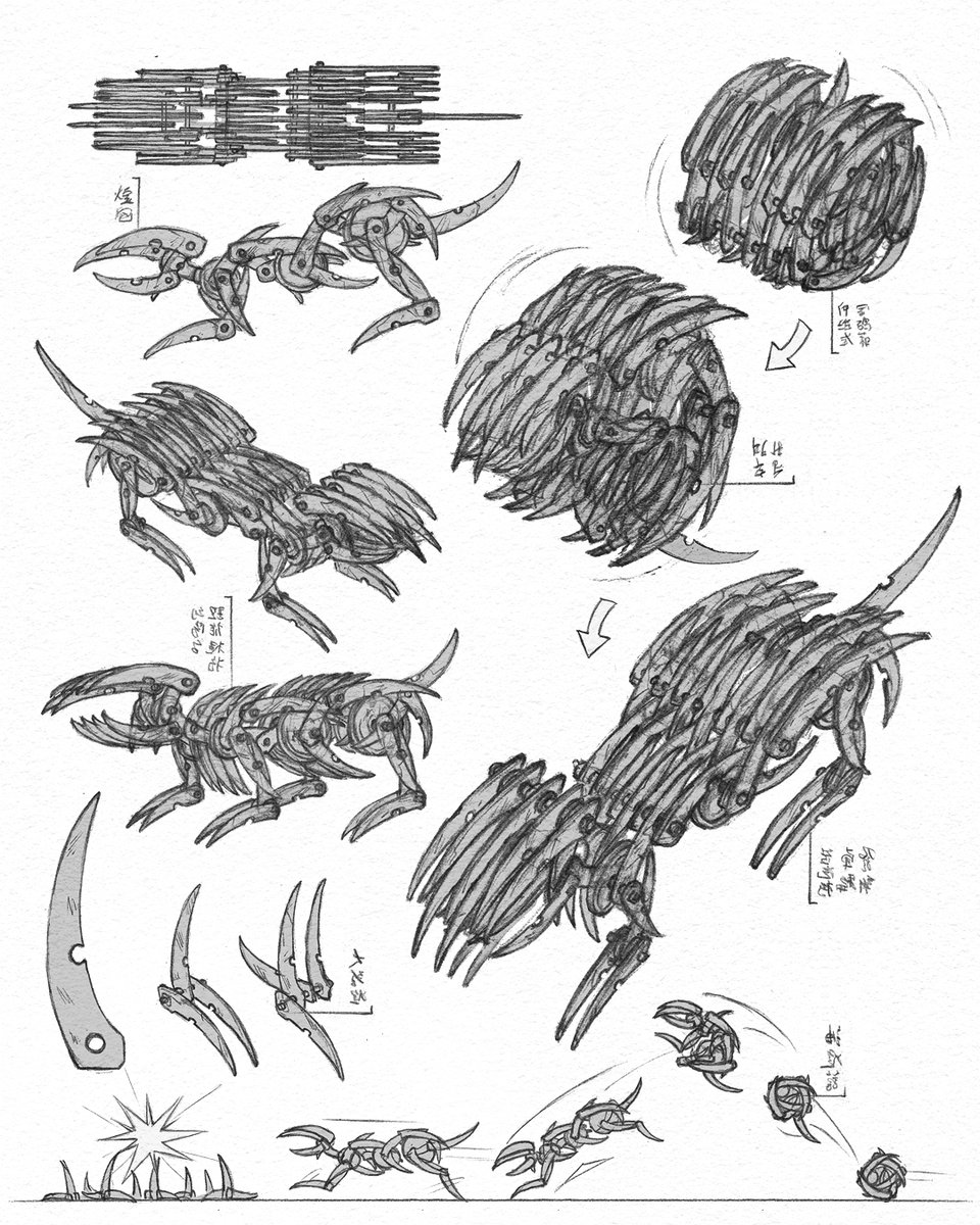 I call them Splinters! 

A  ball of gear and spikes that unroll into a mech rat to run at pursuers,  they eventually scatter into caltrops. 

Does the visual clearly communicate the concept?
#steampunk #conceptart
