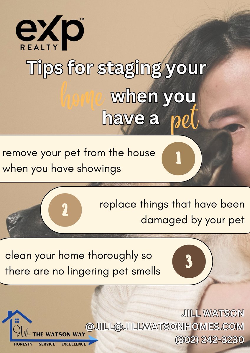 JillWatsonhomes's tweet photo. 💡 Some Tips for Staging Your Home When You Have a Pet. 🐶 😸
For more info, contact me, and I'll help you The Watson Way!

#exprealty #exprealtyproud #realestate #realtorlife #delawarerealtor #Delaware #homebuyers #properties #housingmarket #homesellers #TheWatsonWay https://t.co/qXZ6PzX2UQ