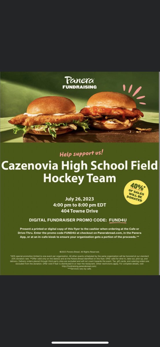 lscheftic's tweet photo. Feeling Hungry? How about Panera on Wednesday, July 26, to help support Cazenovia Field Hockey 🏑 https://t.co/KojG5qGLjp