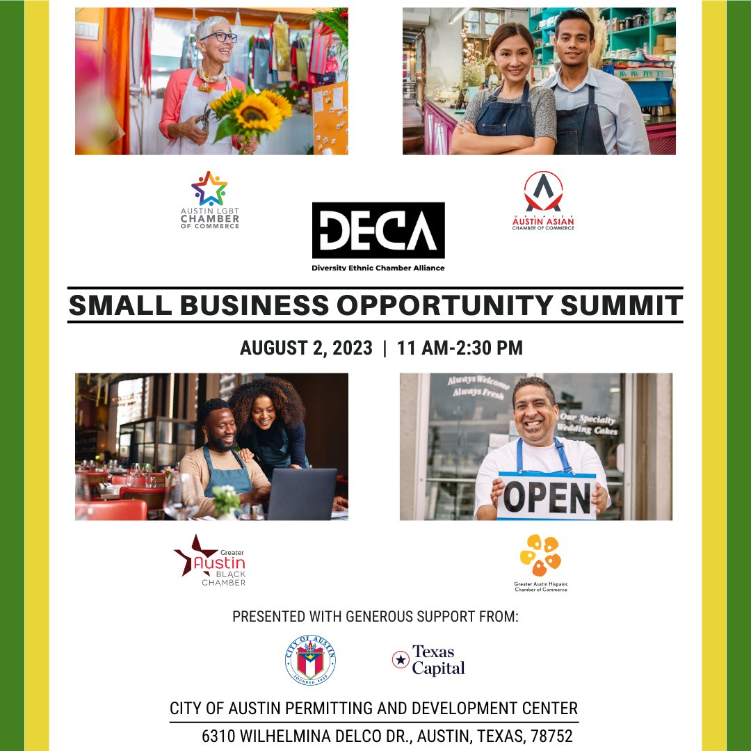 DECA is Austin’s groundbreaking collaboration between four dynamic chambers of commerce.

Join us for FREE 8/2 and connect with the Central Texas small business ecosystem: bit.ly/deca-small-bus…

@AustinLGBTbiz <a href="/GAACCAustin/">Greater Austin Asian Chamber of Commerce</a> <a href="/ATXBlackChamber/">Austin Black Chamber</a> <a href="/GAHCC/">GAHCC</a> <a href="/AustinEconDev/">Austin Economic Development</a> @TXCapitalBank