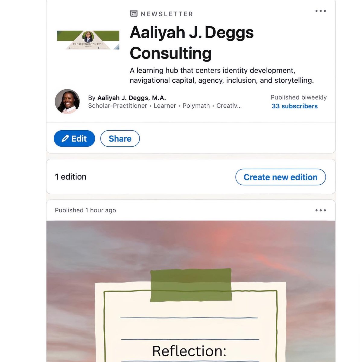 Aaliyah J. Deggs Consulting launch!  instagram.com/p/Cu12xITsQAU/…. #consultant #professional #projectcoordinator #website #podcast #LinkedInNewsletter #Educator #Learner #Entrepreneur