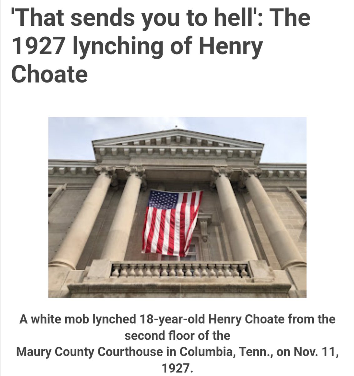 Here's a story about the small town, Paris, TN, a hotbed of Klan activity where Jason Aldean's video took place.

Henry Choate was 18 when he was beaten, tied to a truck, dragged through town, and hung from the courthouse festooned in red, white and blue for Armistice Day. https://t.co/xo67TKkAvF https://t.co/s3iTikqTrz