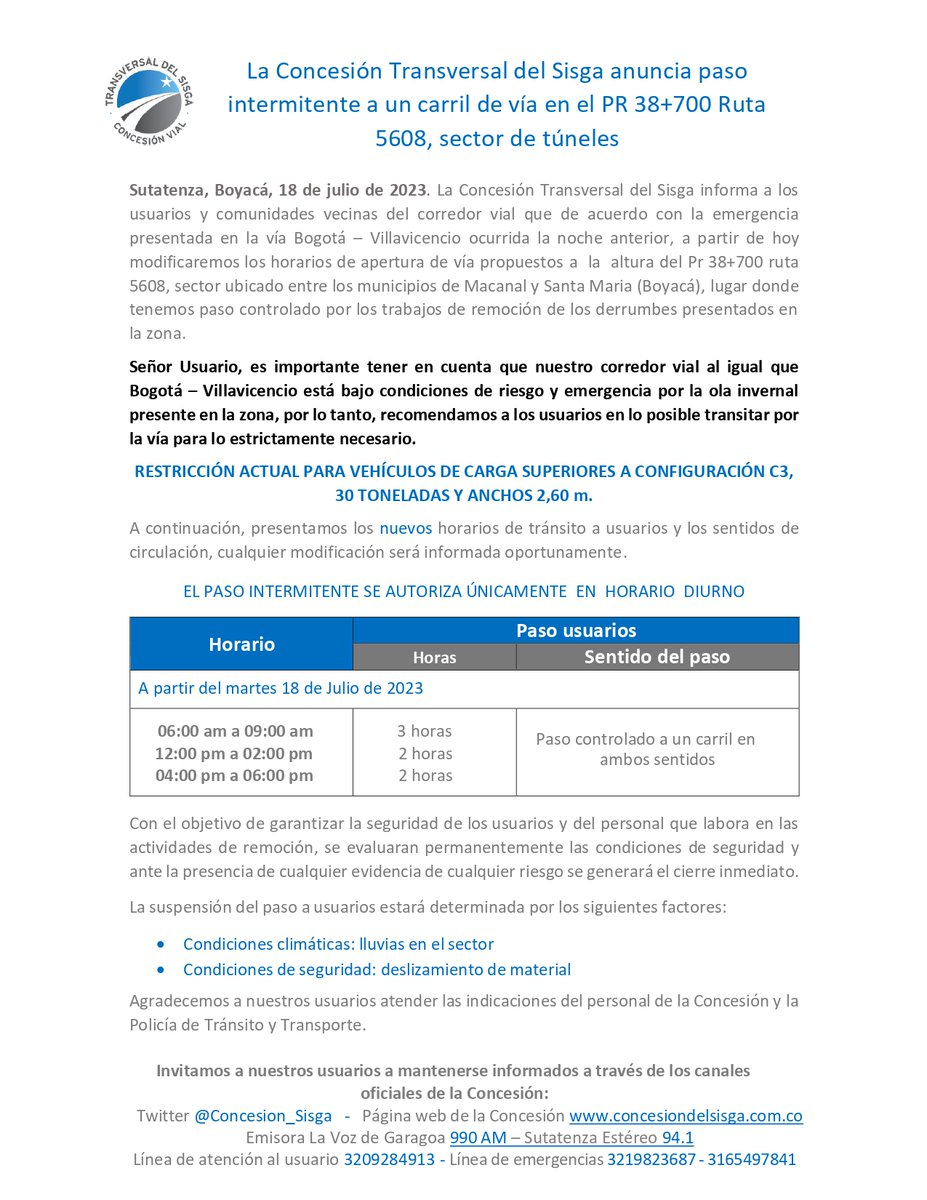 Concesion_Sisga's tweet photo. ¡Atención! Teniendo en cuenta la contingencia presentada en el corredor vial Bogotá - Villavicencio, la Concesión Transversal del Sisga informa los nuevos horarios en los que se habilitará el paso controlado a un solo carril en ambos sentidos.
Lea atentamente las condiciones 👇 https://t.co/nAMfo4E1Cd