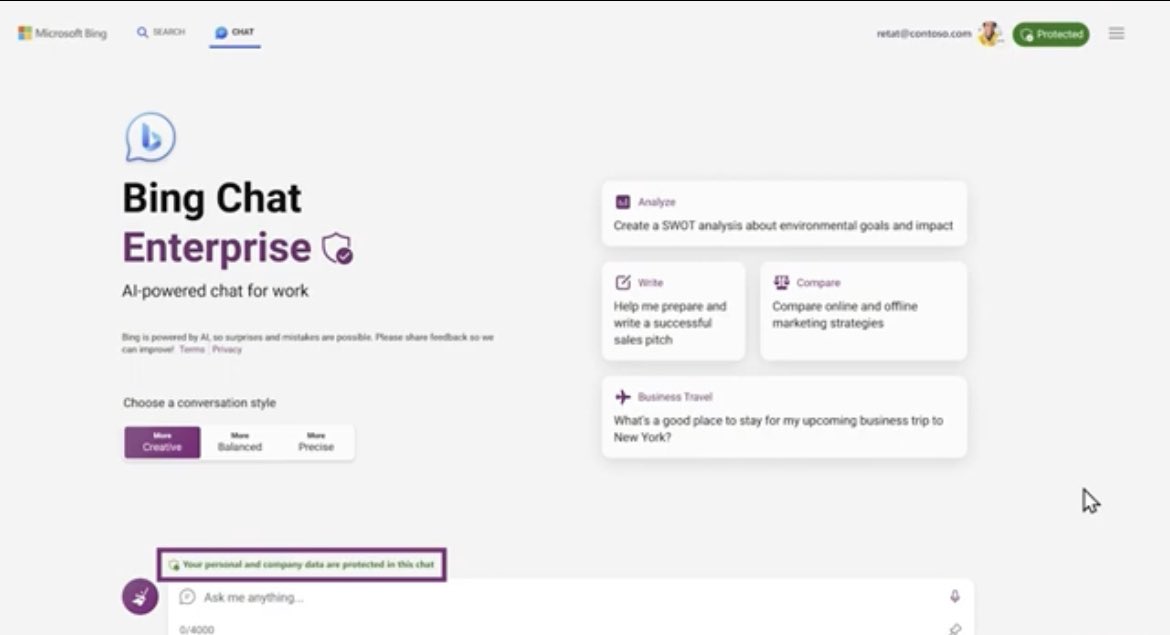 ai_abe_shunya's tweet photo. 速報。Microsoftが「Bing Chat Enterprise」を発表！もう社内版GPTの開発なんて不要に！

Bing Chat Enterpriseの特徴:
・データが保護される版のBing Chat
・会話データは外部に保存されない→Microsoft社は閲覧すらできない→AI学習にも使われない！
・今日からプレビュー版公開
・既に1.6億人がアクセスできる状態
・Microsoft 365 E3, E5, Business Standard and Business Premiumのプランで利用可能
・使い方はログイン後にBing Chatにアクセスするだけ。
・今後は月額5ドルのスタンドアローン版もリリース予定