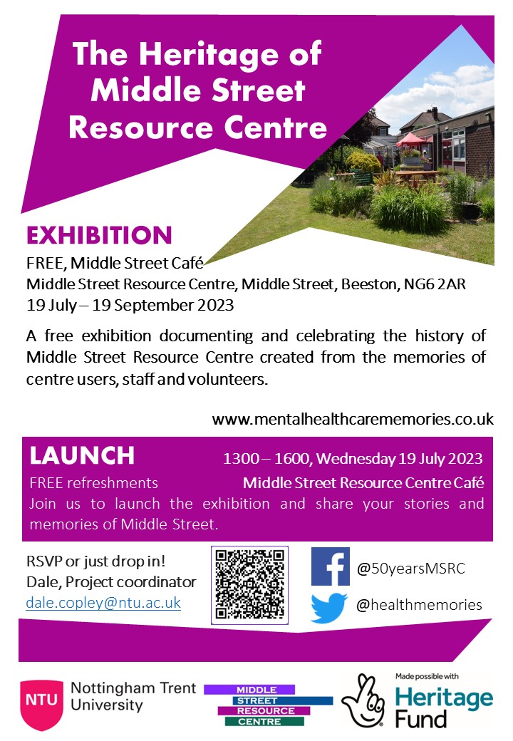 Would you like to find out more about the rich history of Middle Street Resource Centre in Beeston in providing mental health support over the last 50 years? The exhibition opens 2mrw until 15 Sept, all welcome @74msrc @Verusca #oralhistory @HeritageFundUK