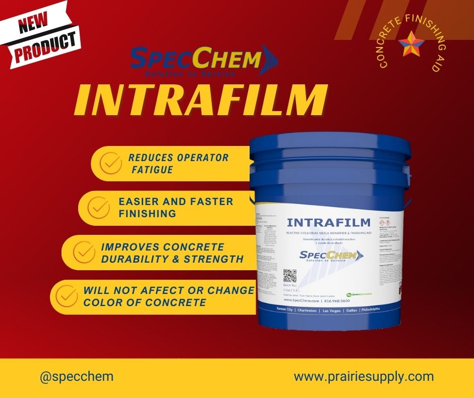SpecChem IntraFilm is an advanced colloidal silica concrete finishing aid. IntraFilm will solve real concrete challenges. A few benefits are extending workability, durability, and resistance to abrasions. To learn more visit your nearest Prairie Supply store.
#concretefinishing