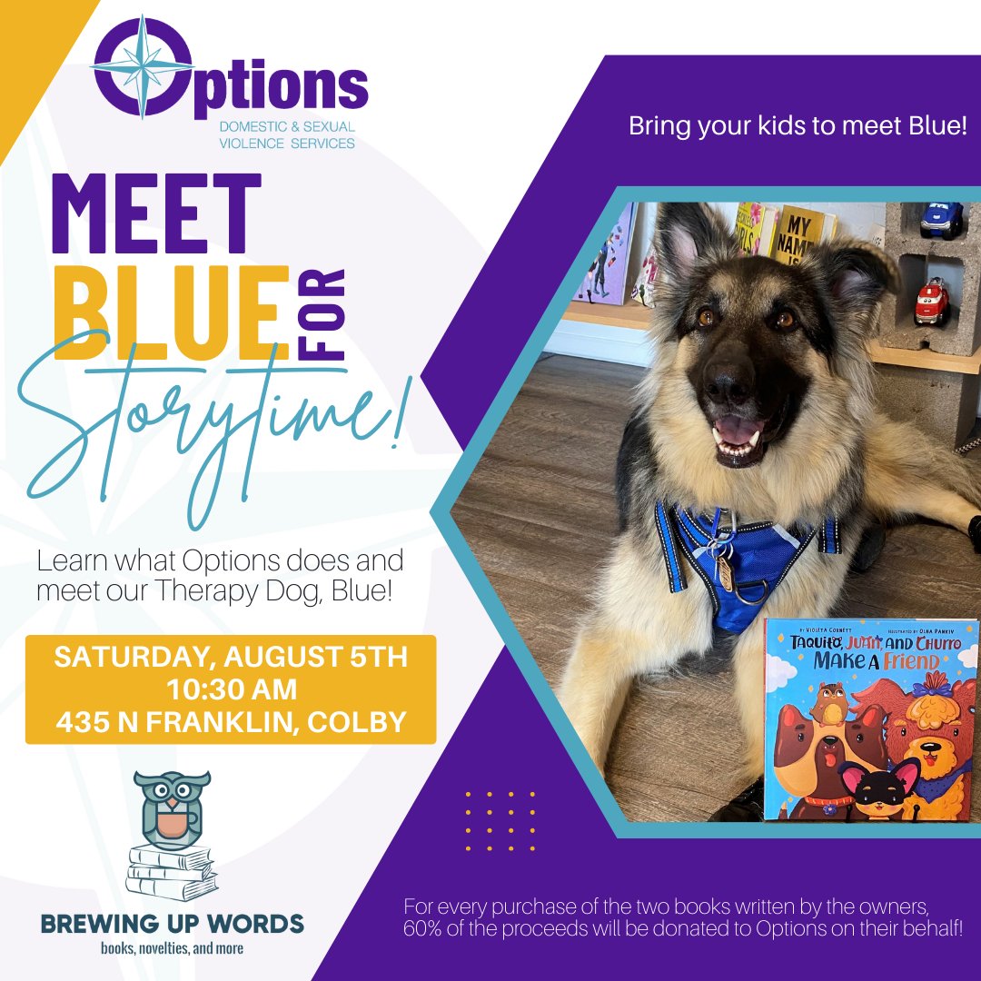 Save the date! Join us on Sat, Aug 5th at 10:30 am for a special event at Brewing Up Words! 📖🐶 Discover what Options does & read with Blue!  See you there! #Options #BooksForGoodCause #SupportLocalAuthors #ReadingForACause #CommunityLove #SaturdayVibes #DogLovers #TherapyDog