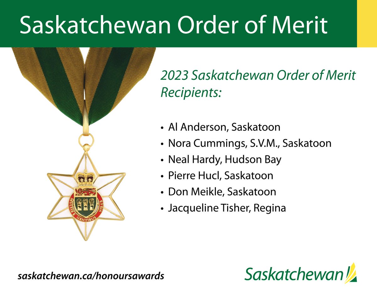 SKGov's tweet photo. Today, the Lieutenant Governor announced six individuals who will be invested with the province’s highest honour, the Saskatchewan Order of Merit, in September. Congratulations to this year’s recipients! https://t.co/UXvHIbWeLX