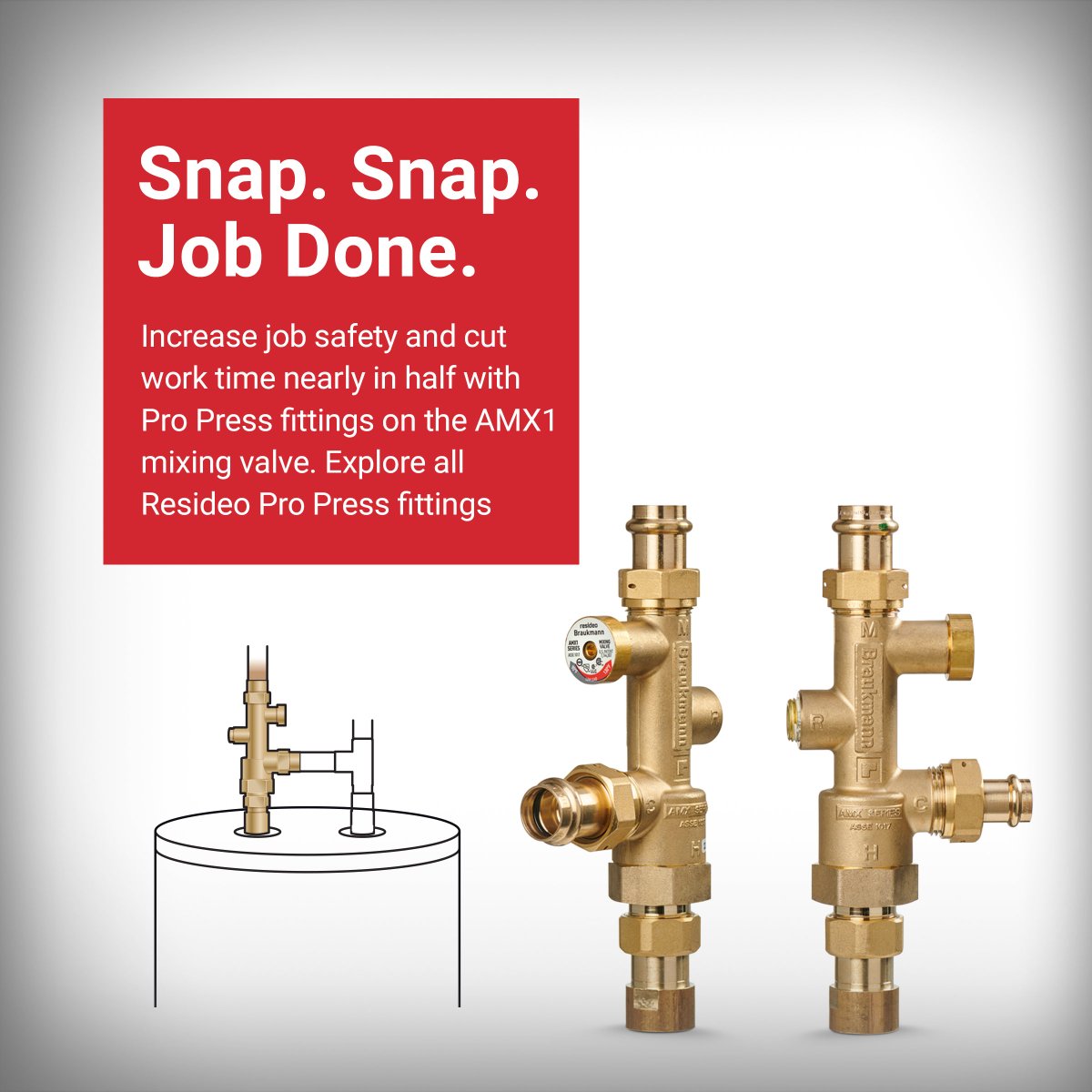 Installation in a Snap The AMX1 mixing valves now come in Pro Press fittings to reduce your installation time and helps reduce parts to keep in stock. Increase job safety and cut your work time nearly in half. Explore AMX Valves. bit.ly/3OjN4V2