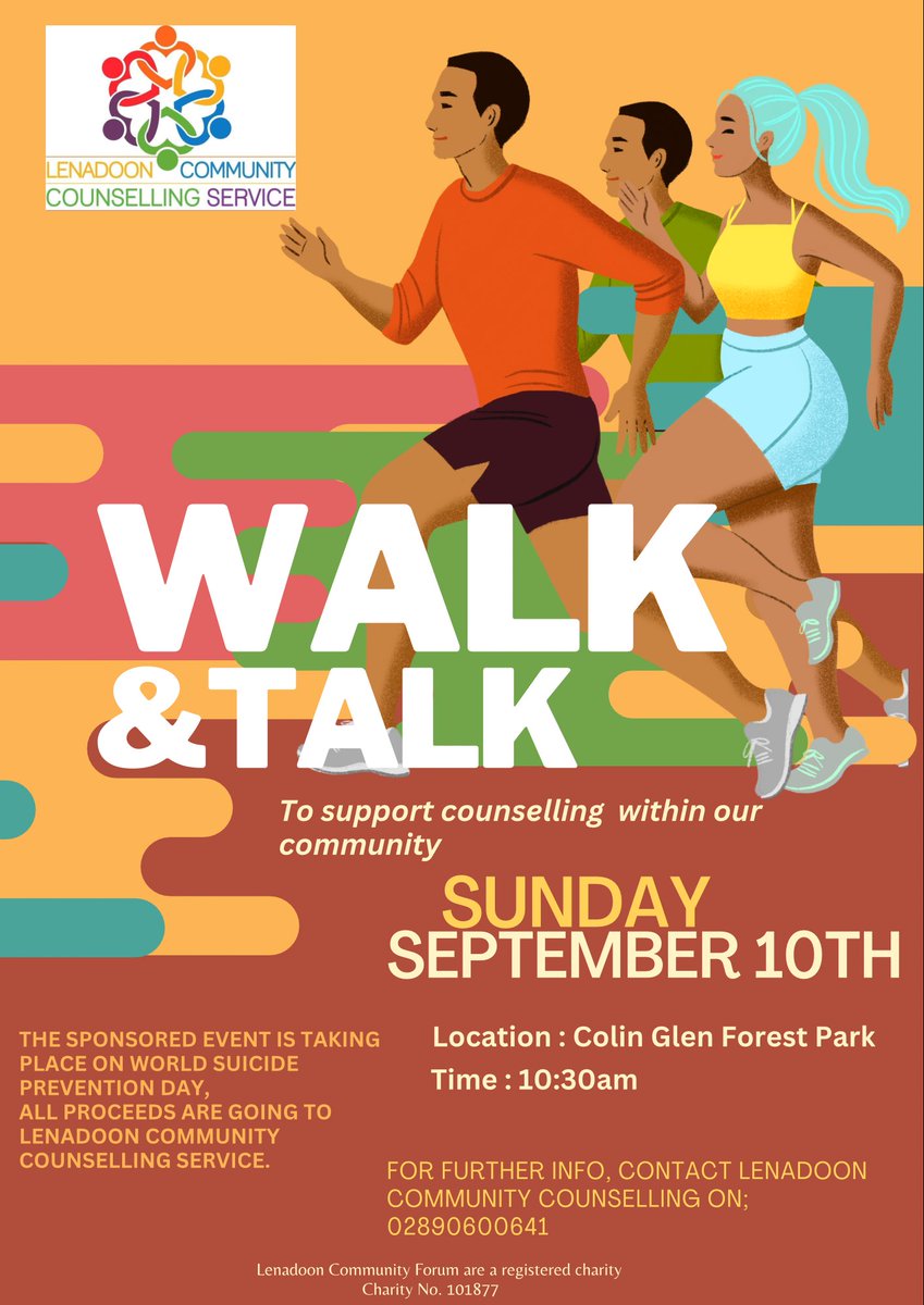 🗓️ Date for the diary! 

🗣️ Come along and join Lenadoon Community Counselling Service for their Walk &amp; Talk event to support counselling within the local community on Sunday 10th September. 

For further info contact Lenadoon Community Counselling on 02890600641