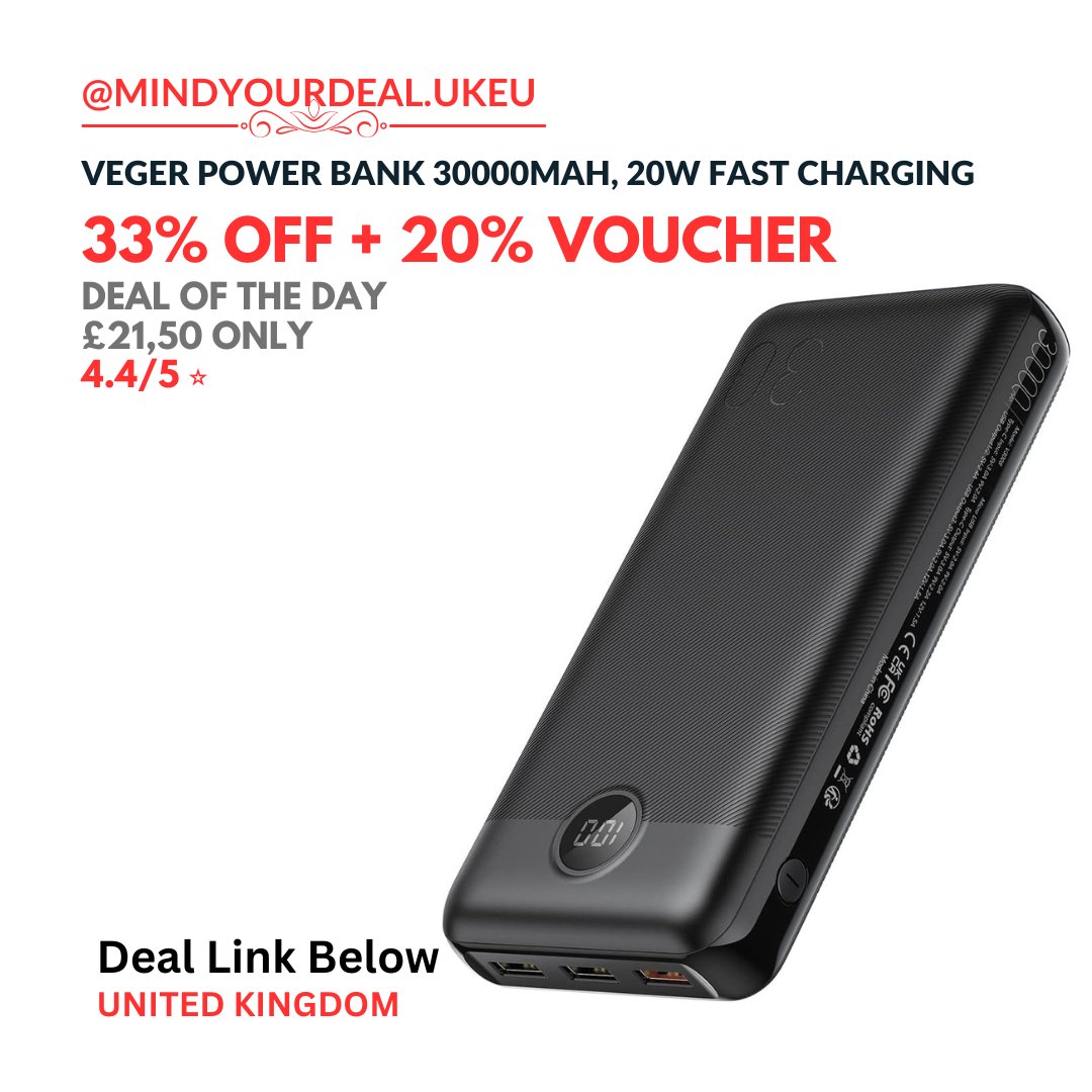 SurfingIndex's tweet photo. £21.50 (33% off + 20% voucher) on VEGER 30000mAh Power Bank
Deal (affiliate)- https://t.co/P2hKYh8d0N
#deal #voucher #offer #sale #powerbank #batterypack #battery #iphone #charger #uk #london #tech #gadget #usb #portablebattery https://t.co/iYE0WmrOP3