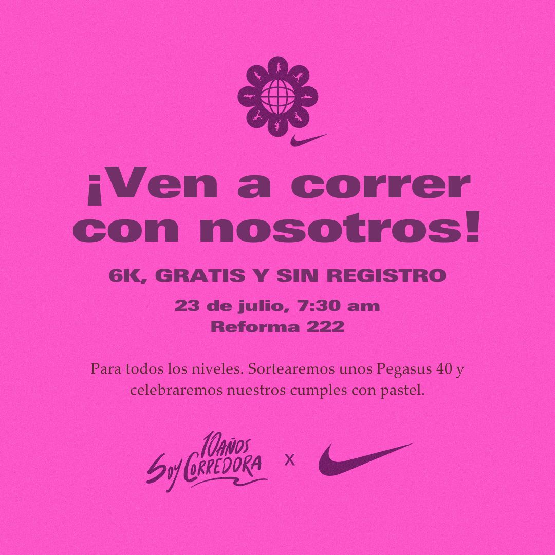 ¡Ya te la sabes! Ven a correr con nosotros este domingo 23 de julio, es gratis, sortearemos unos Pegasus 40 y celebraremos nuestros cumples con pastel ¿vienes? Aquí la info #soycorredora