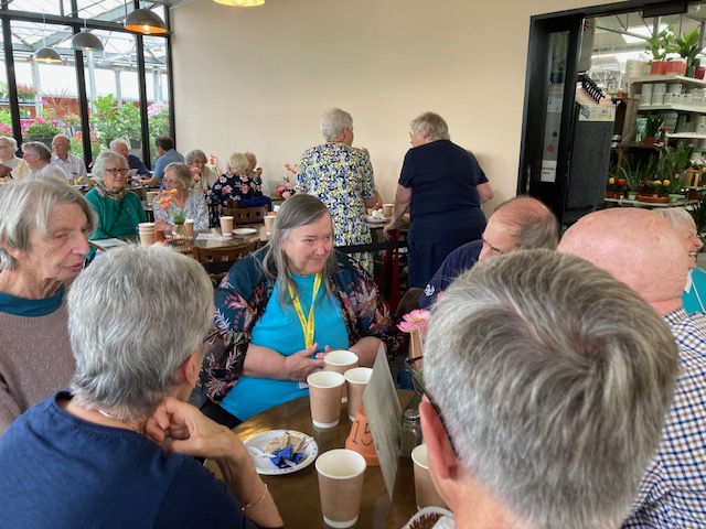 GuildfordU3A's tweet photo. Welcoming Liz Thackray, #u3a Chair and Susie Berry, SE Regional Trustee to our Coffee Morning at #Edwins Clandon Park today - pictured with Julie Beattie #Guildford Area u3a Chair.  A great turn out, some new faces and many friends of old. A great morning, a great event!  #Age UK https://t.co/tMhFYKawSt