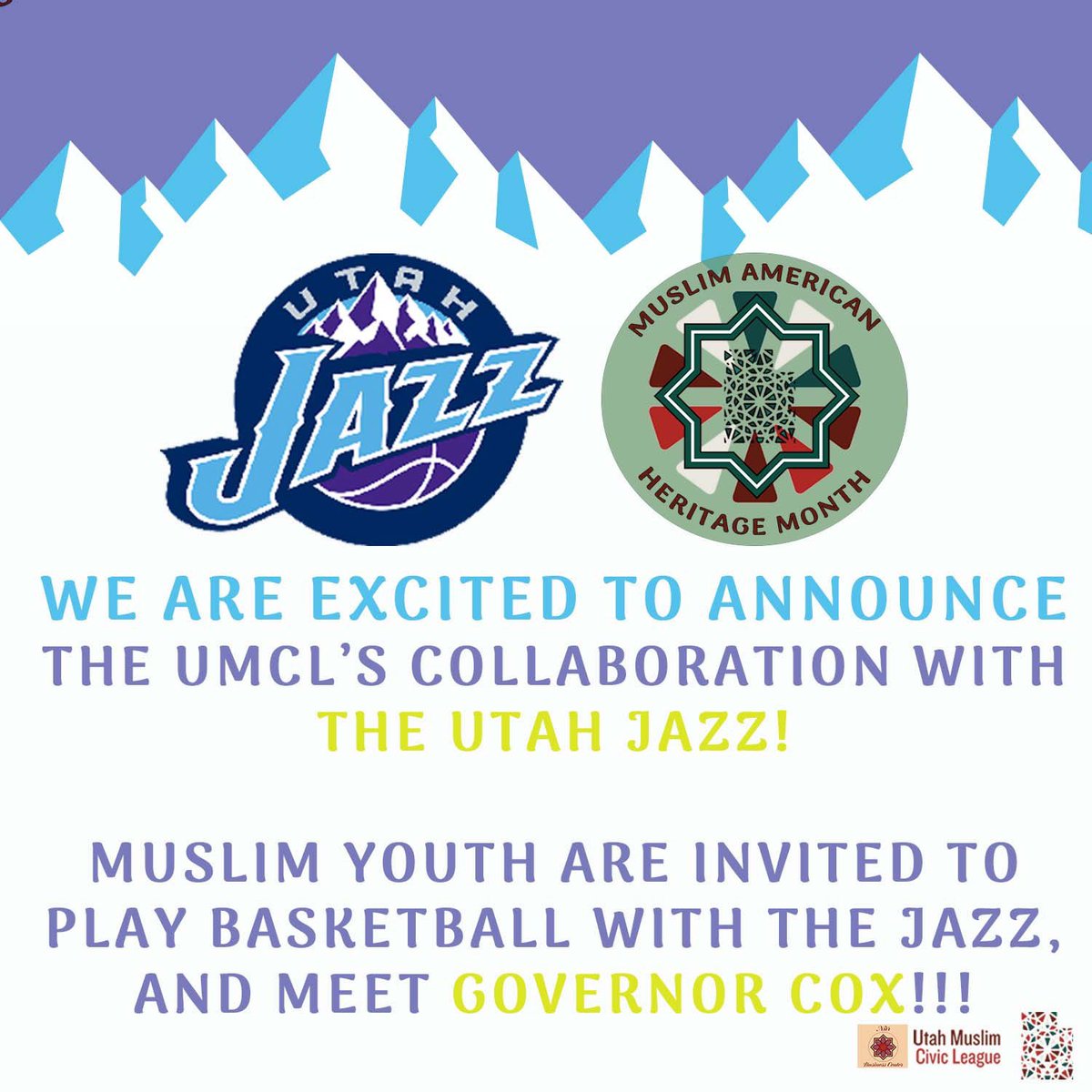 We are thrilled to share the exciting news that the Utah Muslim Civic League will be teaming up with the Utah Jazz & Governor Cox for a special Muslim Heritage Month Celebration! 
Link in bio to register for youth clinic!! https://t.co/XKpn609hmx