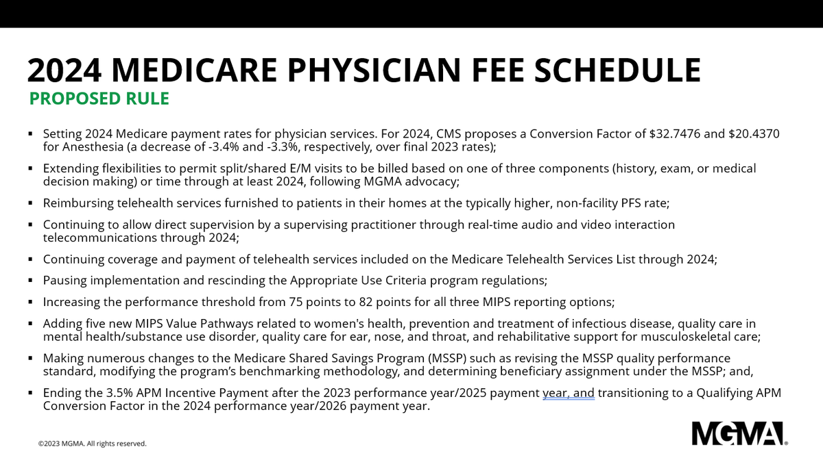 🚨Last week, @CMSGov released its proposed '24 Physician Fee Schedule. See highlights for medical groups below and stay tuned for info about @MGMA's upcoming GovChat Live where we will go into more details about proposed changes & answer member questions! #MGMAAdvocay