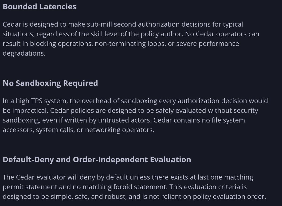 Excellent background story on why Cedar was created. Given that authorisation is practically in each call, it is crucial to be fast and secure, and simple to write.