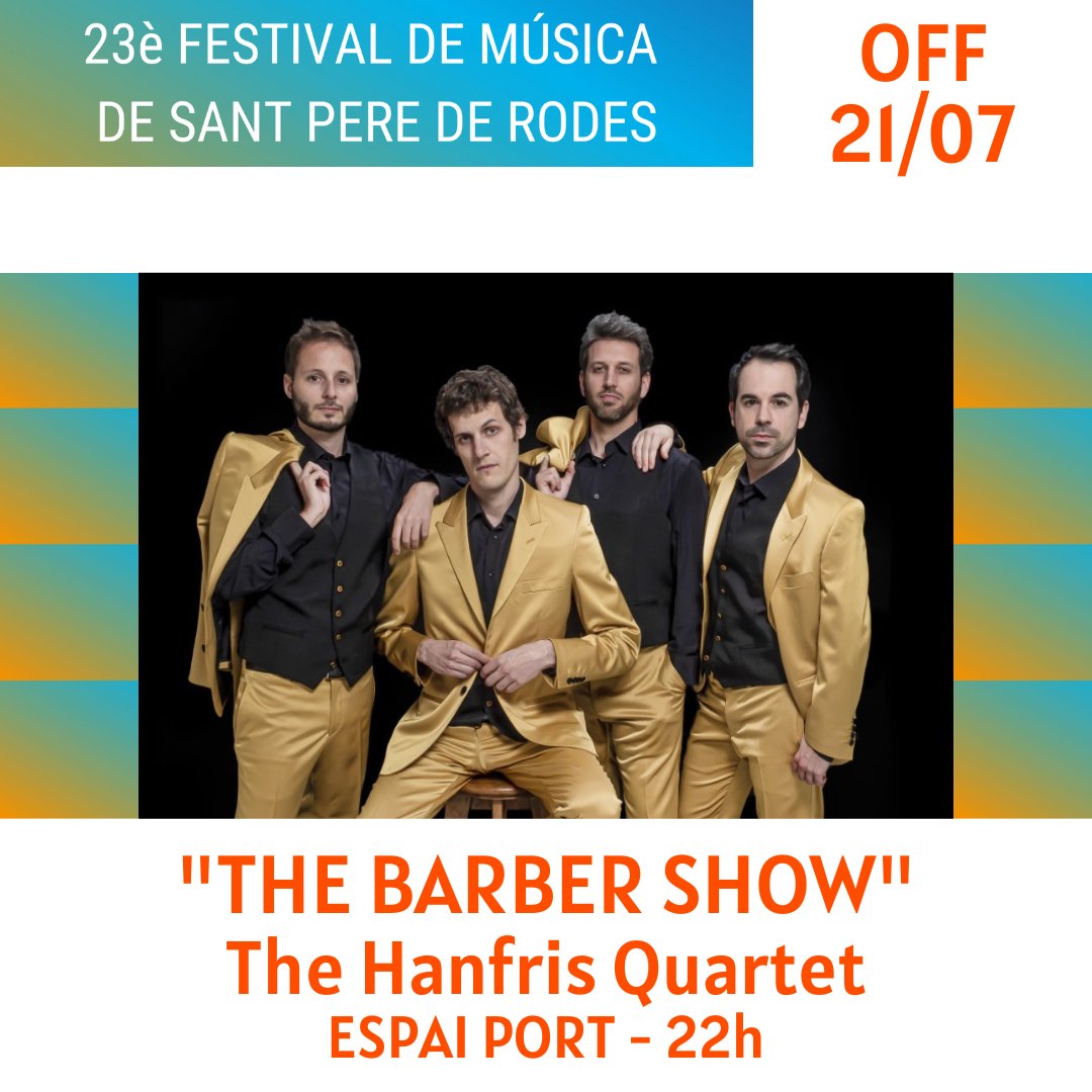 OFF FESTIVAL
Els reis del Barbershop, <a href="/HanfrisQuartet/">The Hanfris Quartet</a> , actuaran aquest divendres a l'Espai Port d' <a href="/elportdelaselva/">El Port de la Selva</a> 
El concert és a les 22h. 
Pots reservar les teves entrades a l'Oficina de Turisme. Espavila, que no et quedis sense!
festivalsantpere.com
<a href="/CostaBravaFesti/">CostaBravaGiFestivals</a>