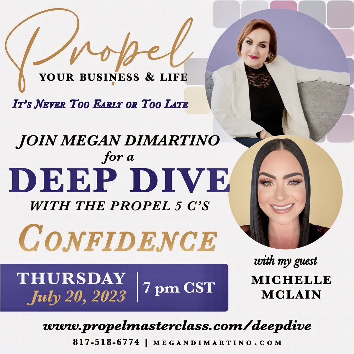 Join me Thursday night at 8PM ET/5PM PT! with <a href="/MeganDiMartino4/">Megan DiMartino</a> 💫💜🙏🏻

Register now at 👇🏻👇🏻👇🏻propelmasterclass.com/deepdive and secure your spot. 💚🙏🏻🙏🏻🙏🏻#WeRiseTogether 

#MichelleMcLain #QueenOfClubhouse
#BreakfastWithChampions  #MeganDiMartino  #PropelDeepDive #Masterclass