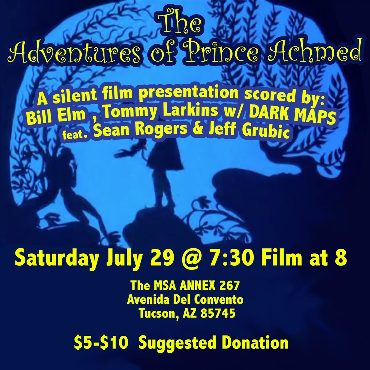 The Adventures of Prince Achmed with a live film score from Bill Elm-with Tommy Larkins w/Dark Maps feat. Sean Rogers and Jeff Grubic-July 29  @7:30   #RedDeadRedemption #billelm #msaannex #vintagecinema #silentfilm