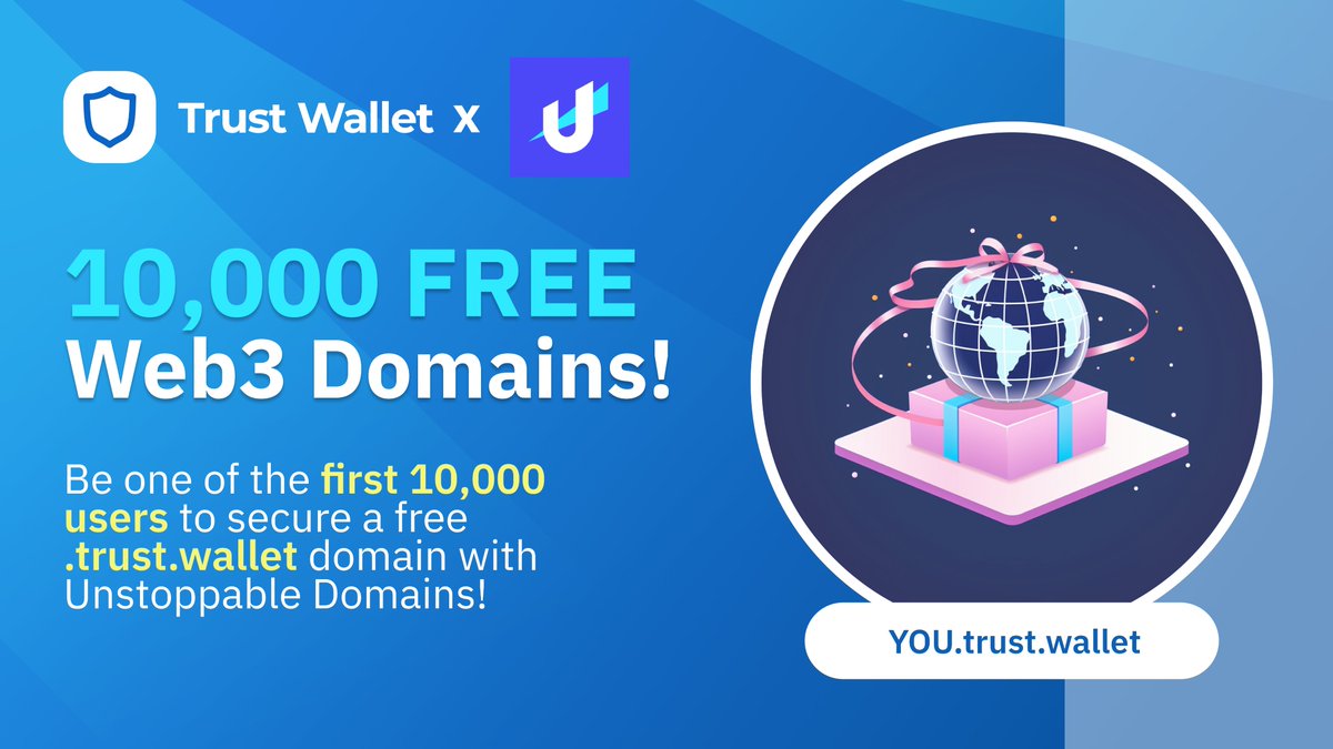 Trust Wallet (@trustwallet) on Twitter photo #TrustWallet x <a href="/unstoppableweb/">Unstoppable Domains</a> are giving away 10k FREE #Web3 domains! Be quick & grab your very own '.trust.wallet' name before they're gone! 🚀
Entry Rules:
💙 Like & RT
💙 Follow <a href="/TrustWallet/">Trust Wallet</a> <a href="/unstoppableweb/">Unstoppable Domains</a>
💙 Search & claim your new domain!👇
unstoppableweb.co/3K2yS07 #TrustWallet x <a href="/unstoppableweb/">Unstoppable Domains</a> are giving away 10k FREE #Web3 domains! Be quick & grab your very own '.trust.wallet' name before they're gone! 🚀
Entry Rules:
💙 Like & RT
💙 Follow <a href="/TrustWallet/">Trust Wallet</a> <a href="/unstoppableweb/">Unstoppable Domains</a>
💙 Search & claim your new domain!👇
unstoppableweb.co/3K2yS07