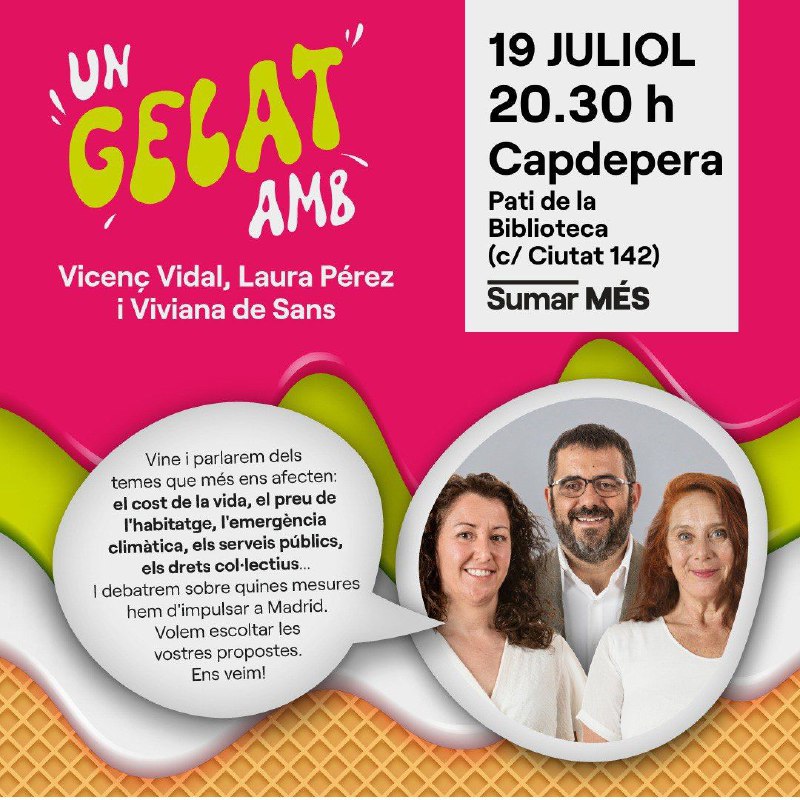 EUIB's tweet photo. #SumarMÉS | Aquest dimecres, 19 de juliol, tendran lloc dos dels darrers gelats amb el i les candidates @vidalmatas14, @perezreol i @VivianaDeSans 

⏰ 18.30 hores
📍 A la fresca (Avgd. del Llop, 64) #sIllot

⏰ 20.30 hores
📍 Pati de la Biblioteca (C. de Ciutat, 142) #Capdepera https://t.co/XWktK5Sz9N