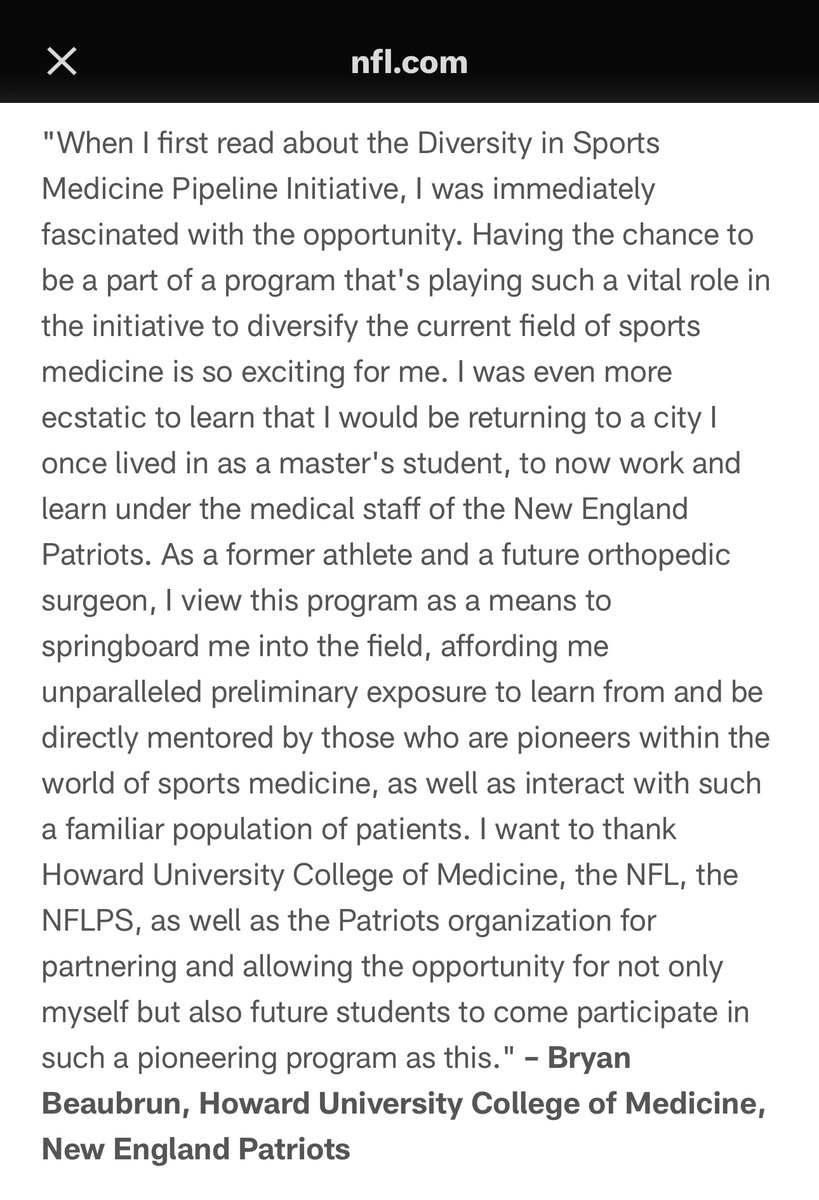 Thrilled &amp; blessed to be selected for this year's <a href="/NFL/">NFL</a> Diversity in Sports Medicine Initiative. Excited to work with the fantastic medical staff of the <a href="/Patriots/">New England Patriots</a> as an M4 applying to Ortho this match cycle! #OrthoTwitter <a href="/HowardU/">Howard University</a> <a href="/AndreaHayesMD/">Andrea A. Hayes, MD</a> <a href="/DHFord1986/">etc</a> nfl.com/playerhealthan…