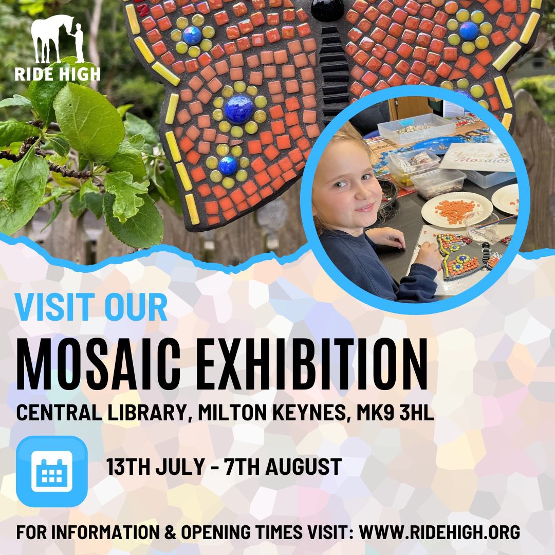 Looking 4 something 2do this summer? Visit our Ride High Mosaic Exhibition at MK Central Library! 📚 Our members, volunteers &amp; staff worked with Sarah Harper of <a href="/HoneyMosaics/">Sarah Harper</a> 2 create some beautiful pieces &amp; you can see them until 7th August! Visit: ridehigh.org/event-fullview…