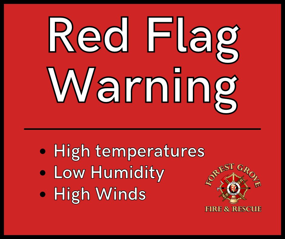 Forest Grove Fire (@forestgrovefire) on Twitter photo The <a href="/NWSPortland/">NWS Portland</a> has issued a Red Flag Warning for wind and low relative humidity, which is in effect from 2PM to 7PM today. Use extra caution with potential ignition sources, especially in grassy areas. Outdoor burning is not recommended. #redflagwarning The <a href="/NWSPortland/">NWS Portland</a> has issued a Red Flag Warning for wind and low relative humidity, which is in effect from 2PM to 7PM today. Use extra caution with potential ignition sources, especially in grassy areas. Outdoor burning is not recommended. #redflagwarning