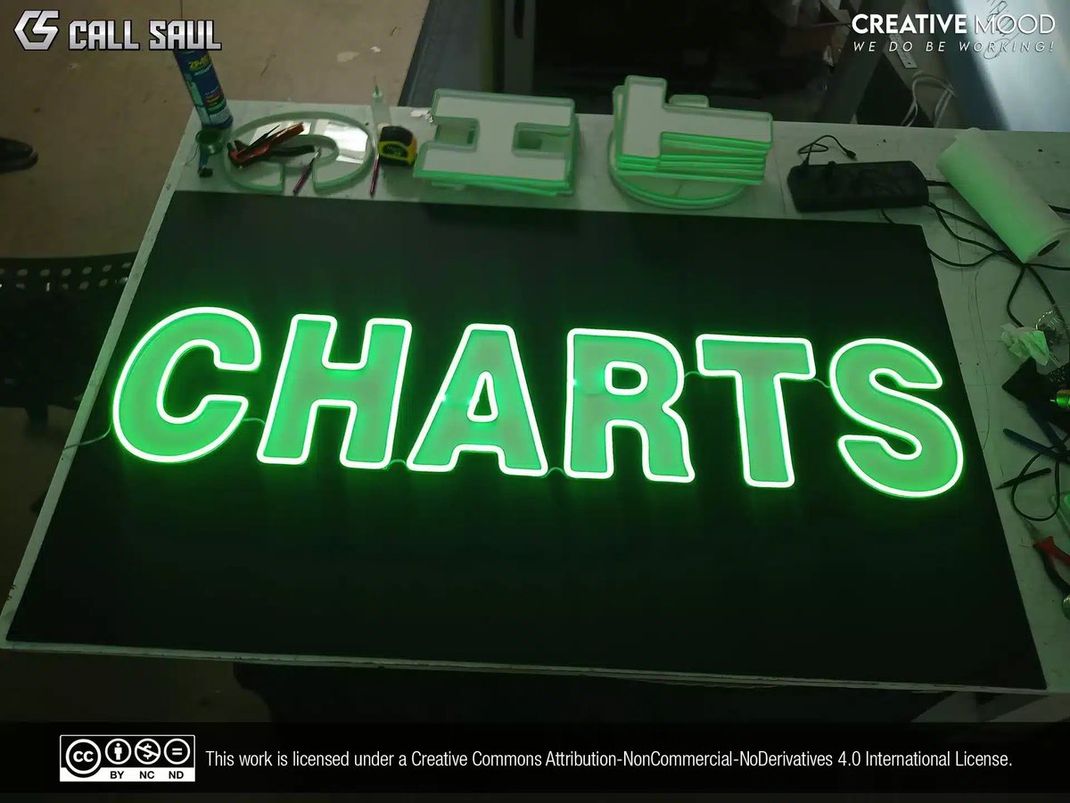 We made this "Charts" LED Neon Sign in the color green. We mounted it on cut-to-shape clear acrylic support.
Looking to get a Custom LED Neon Sign like this? Find us on our social medias. 
#CallSaul #CreativeMood #LEDNeonSigns #CustomNeon

callsaul.us/portfolio-item…