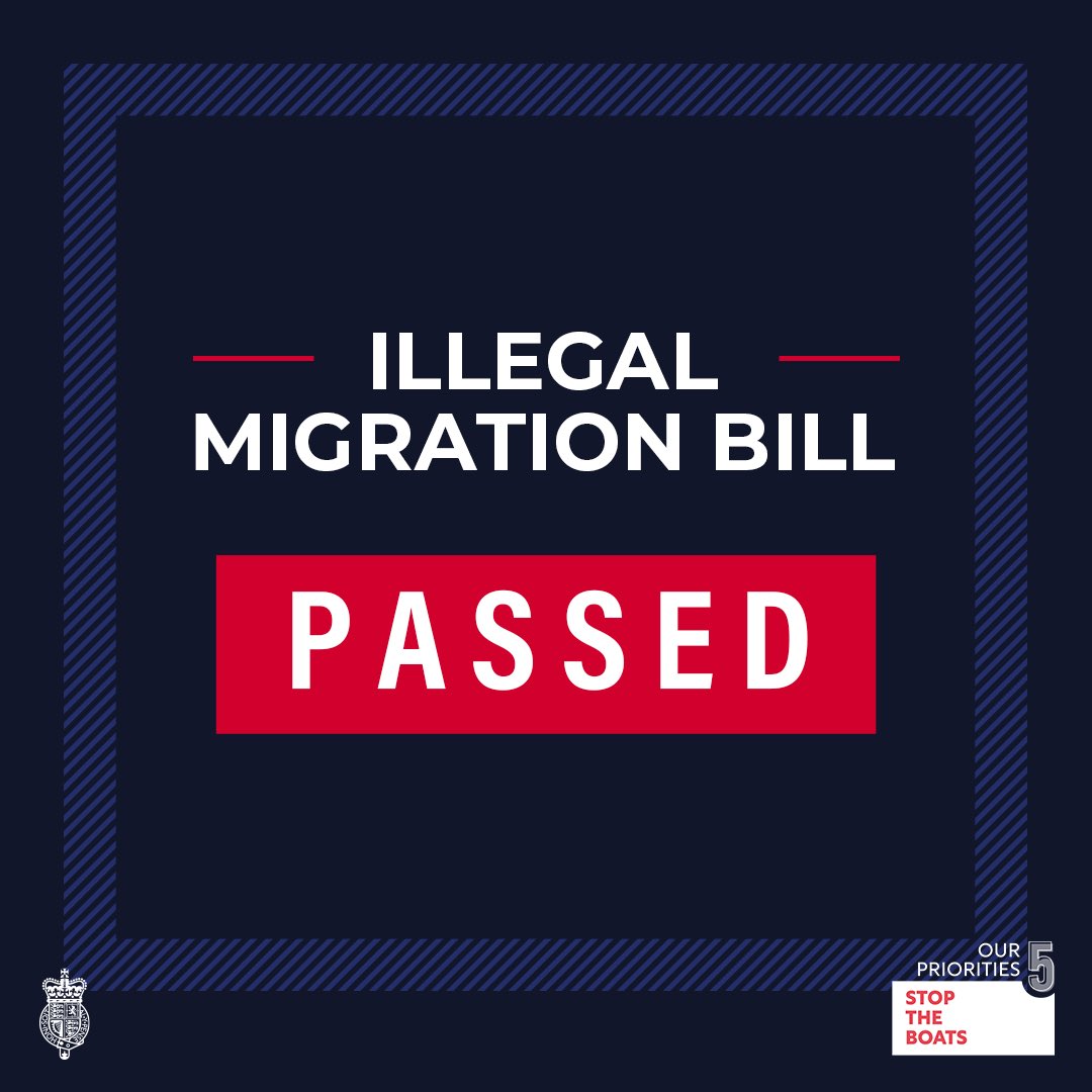 🗣️ BREAKING: The Illegal Migration Bill has passed Parliament and will become law. People coming to the UK illegally will have no right to stay and will be returned to their own country or a safe third country. They will be prevented from misusing modern slavery protections and