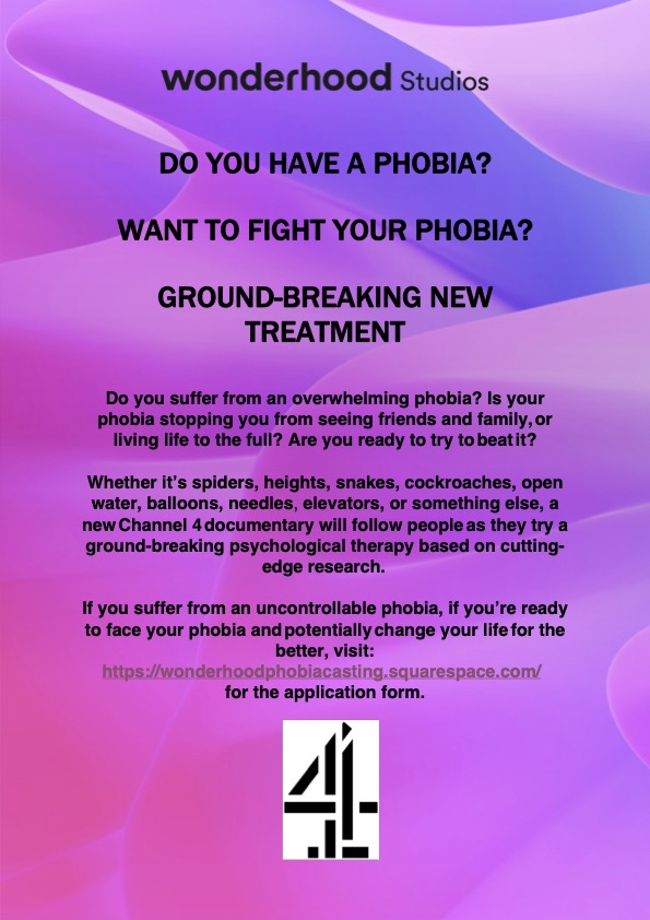 Casting now! Do you have a phobia? Want help to fight your phobia with a ground-breaking treatment?

A brand new Channel 4 show is looking for applicants.

Apply now - …nderhoodphobiacasting.squarespace.com

Pls RT <a href="/JennTeevee/">Jenn TeeVee</a> <a href="/Be_part_of_TV/">Be_part_of_TV</a>