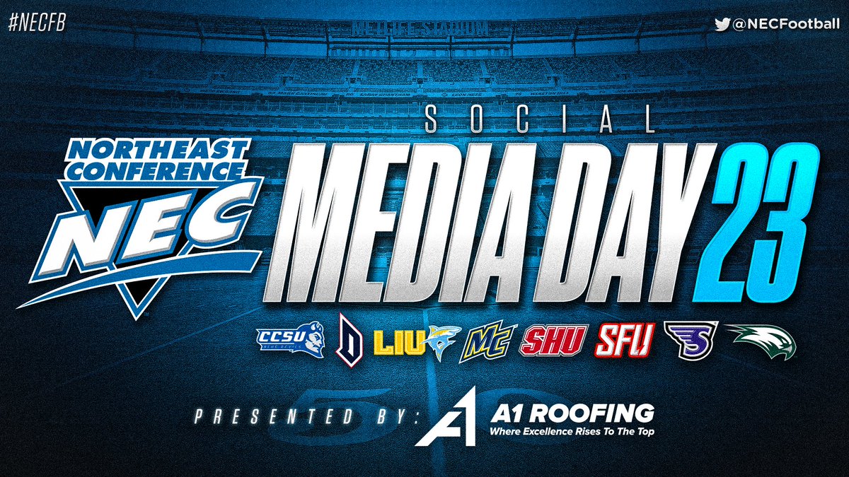 Northeast Conference (@necsports) on Twitter photo 🏈#NECFB '23 uno̲f̲f̲i̲c̲i̲a̲l̲l̲y̲ kicks off Wednesday with 𝕊𝕆ℂ𝕀𝔸𝕃 𝕄𝔼𝔻𝕀𝔸 𝔻𝔸𝕐, presented by A1 Roofing!
🕚: 11:00 am
📍: <a href="/MetLifeStadium/">MetLife Stadium</a>
📺: es.pn/3OizcdA (ESPN3)
💻: bit.ly/44s5OHy (<a href="/NECFrontRow/">NEC Front Row</a>) 🏈#NECFB '23 uno̲f̲f̲i̲c̲i̲a̲l̲l̲y̲ kicks off Wednesday with 𝕊𝕆ℂ𝕀𝔸𝕃 𝕄𝔼𝔻𝕀𝔸 𝔻𝔸𝕐, presented by A1 Roofing!
🕚: 11:00 am
📍: <a href="/MetLifeStadium/">MetLife Stadium</a>
📺: es.pn/3OizcdA (ESPN3)
💻: bit.ly/44s5OHy (<a href="/NECFrontRow/">NEC Front Row</a>)