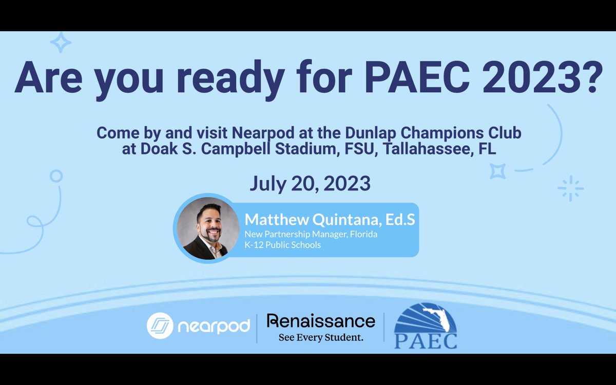 Matthew Quintana (@quintana_matt) on Twitter photo It's Kickoff Time! Interested in learning about the 2023-24 School year <a href="/nearpod/">Nearpod</a> updates? Do you happen to be at #PAEC2023? Stop by and say hello! You can find me at the Nearpod table between Roberto Aguayo and Bobby Bowden! It's Kickoff Time! Interested in learning about the 2023-24 School year <a href="/nearpod/">Nearpod</a> updates? Do you happen to be at #PAEC2023? Stop by and say hello! You can find me at the Nearpod table between Roberto Aguayo and Bobby Bowden!