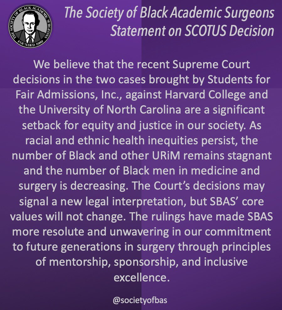 Please see our statement on the recent SCOTUS ruling on Students for Fair Admissions, Inc against Harvard College and the University of North Carolina. ⬇️✊🏾

sbas.net/news/article.a…