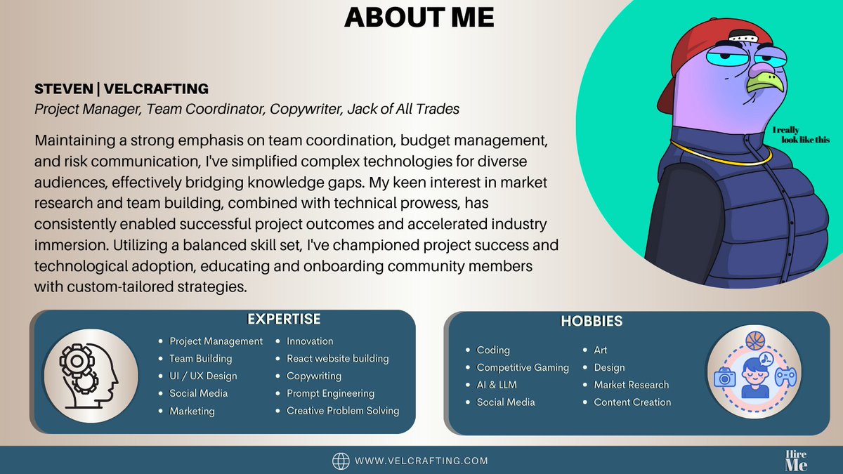 An About Me, 
Steven/Vel/Velcrafting

A consummate professional, actively seeking their next working opportunity!

This is a different way of posting my resume🧵
