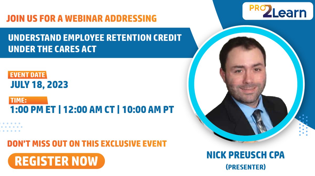 Pro2Learn's tweet image. 📢 Invitation to a Special Webinar! 🌟
Join us on July 18, 2023, for an exclusive #webinar hosted by renowned presenter Nick Preusch,CPA. 🎙️
Register Now ➡️ lnkd.in/diaWC8P8
#CARESAct #EmployeeRetentionCredit #BusinessStrategy #EducationEvent #pro2learn #EmployeeRetention