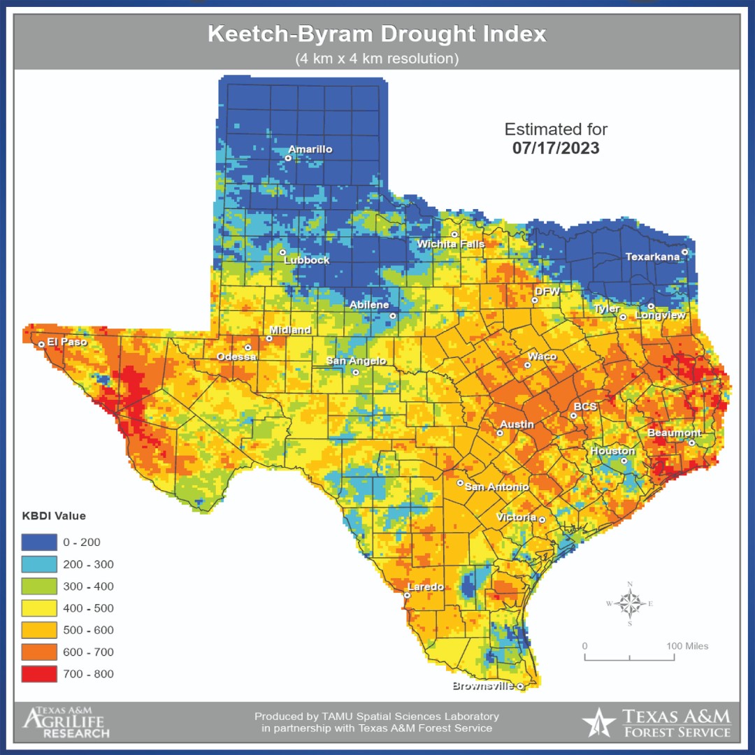 TexasDeptofAg's tweet photo. Fire risk update: the number of Texas counties with burn bans is 90, and our drought index is over 400 throughout much of the state. For real-time reports, visit https://t.co/bqfzACKdwT. Let's watch out for each other! #SituationBrief #TDEM #TAMU #WildfireWarning https://t.co/bJB4Ff0Yb3