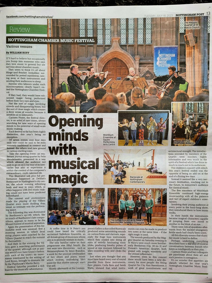 'All this diversity means that chamber music is hard to define. Perhaps underlying everything described here is the idea of musical conversations between friends who listen as intelligently as they play.' @nottslive 🎵thank you for this terrific article about #NCMF23!