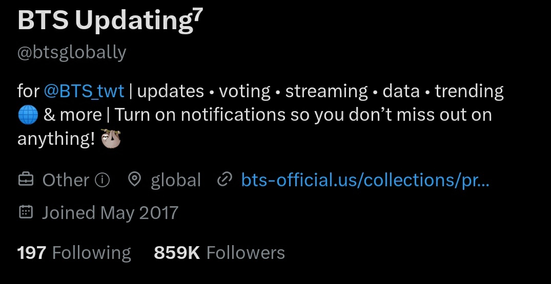 .@btsglobally you have 859k followers and u have streaming and voting in your bio so could you please tell your followers to manic buy seven and stream more? atleast...??