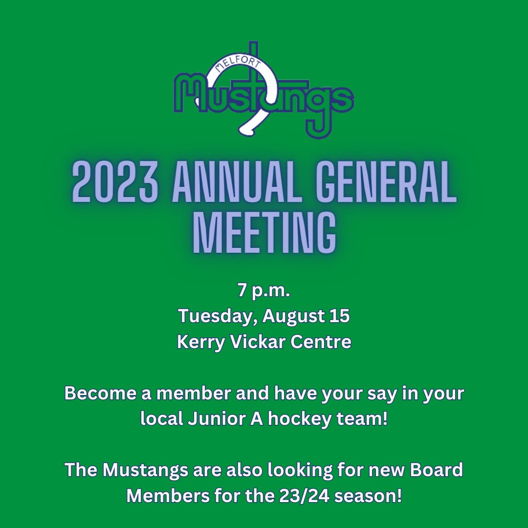 Melfort Mustangs (@sjhl_mustangs) on Twitter photo It's that time of year!! Our Annual General Meeting is set for August 15 at the Kerry Vickar Centre in Melfort at 7 p.m.
Become a member, and have your say in the Melfort Mustangs! 
Want to become a Board Member? We'll be taking nominations at the meeting as well! It's that time of year!! Our Annual General Meeting is set for August 15 at the Kerry Vickar Centre in Melfort at 7 p.m.
Become a member, and have your say in the Melfort Mustangs! 
Want to become a Board Member? We'll be taking nominations at the meeting as well!