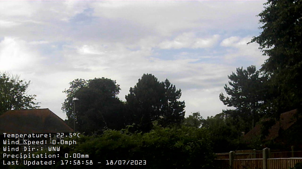 Report at 18:00 Wind:NW at av. 0mph, max gust today 11.5mph at 13:20Temp:22.6CMax today:22.8C at 16:42 Min today: 11.2C at 05:16 Baro:1016.2mb Falling slowlyRain Today:  0.0mm Fcst: increasing clouds with little temp change, precipitation possible within 24 to 48 hrs.