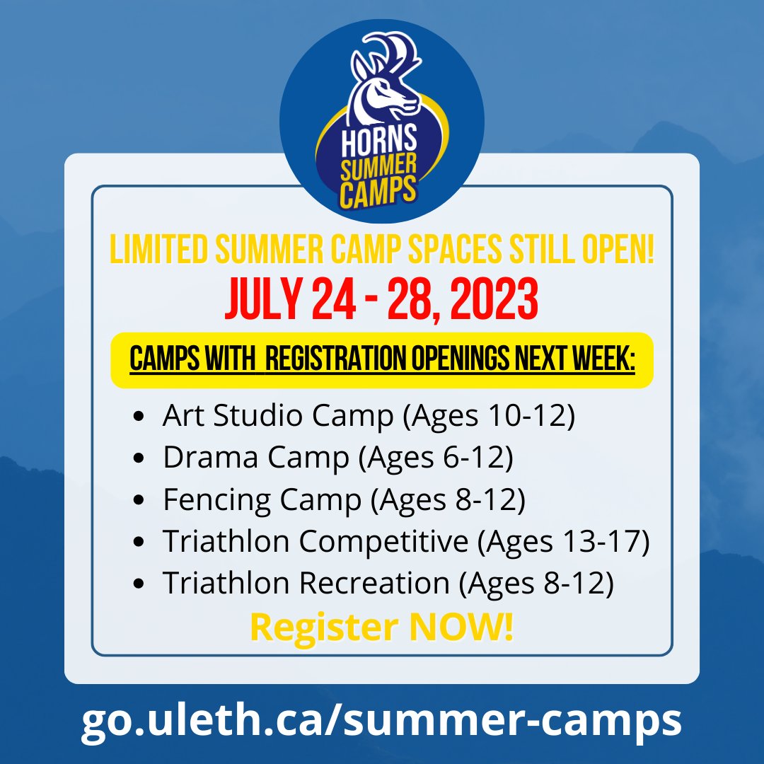 We still have a few spots available in our SUMMER CAMPS for NEXT WEEK, JULY 24-28! 
To learn more about each camp and to register, visit: go.uleth.ca/summer-camps
#hornsrec #summercamps #uleth #ulethbridge #yql