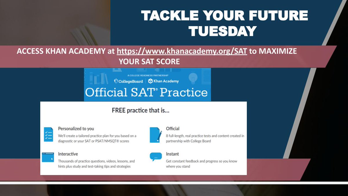 #Classof2024 seniors! This week’s Tackle Your Future Tuesday tip is to sign up for Khan Academy’s official SAT practice! To get started visit: bddy.me/3rB99pm.

Questions? Contact your school counselor or the guidance and counseling office by ☎️ at 682-867-7534.