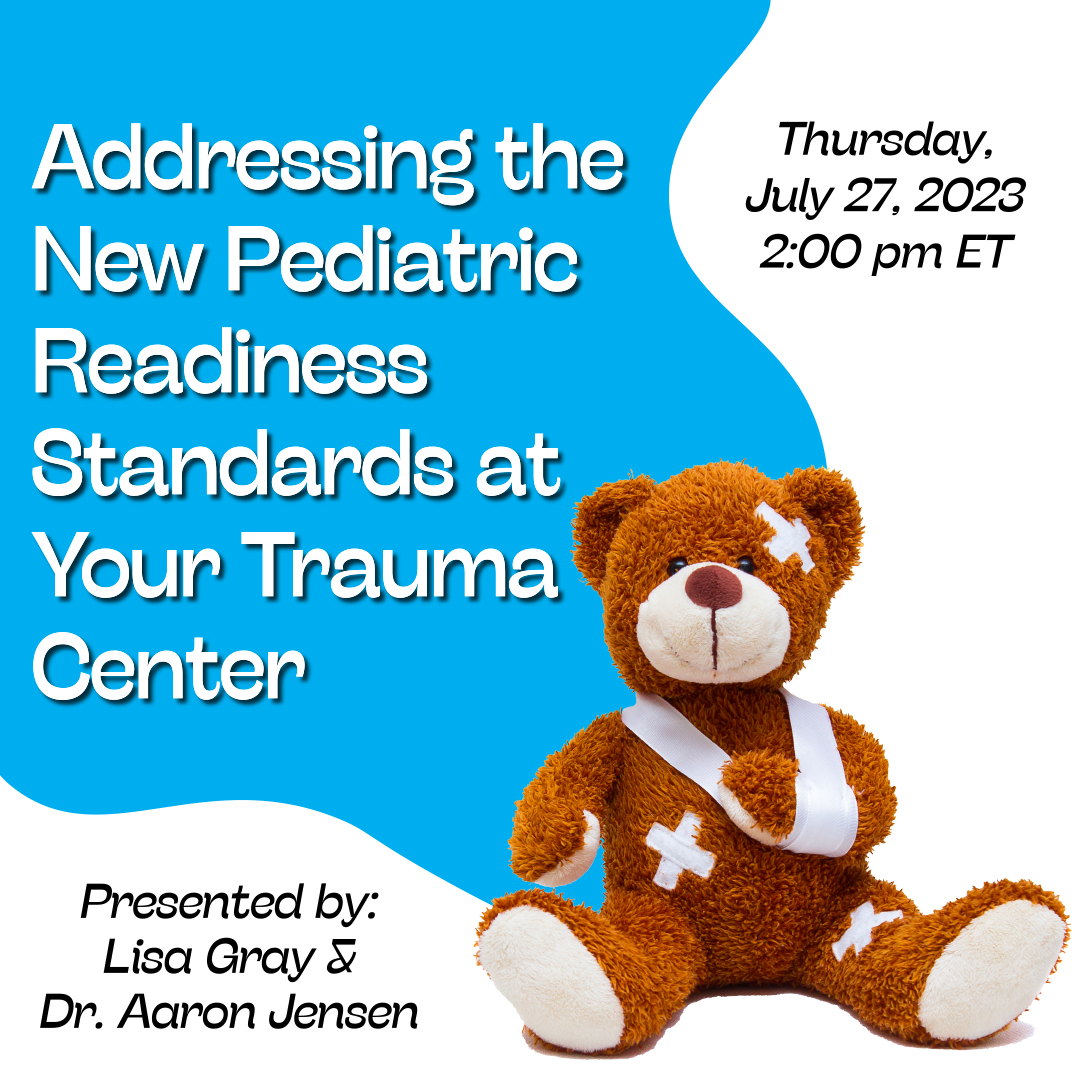 Join us to enhance your awareness of the National Pediatric Readiness Project and increase your knowledge of how the new ACS-COT Standards will incorporate pediatric readiness to improve pediatric care at trauma centers.

Register NOW: traumacenters.org/page/Webinars

#TCAA #Peds #Trauma