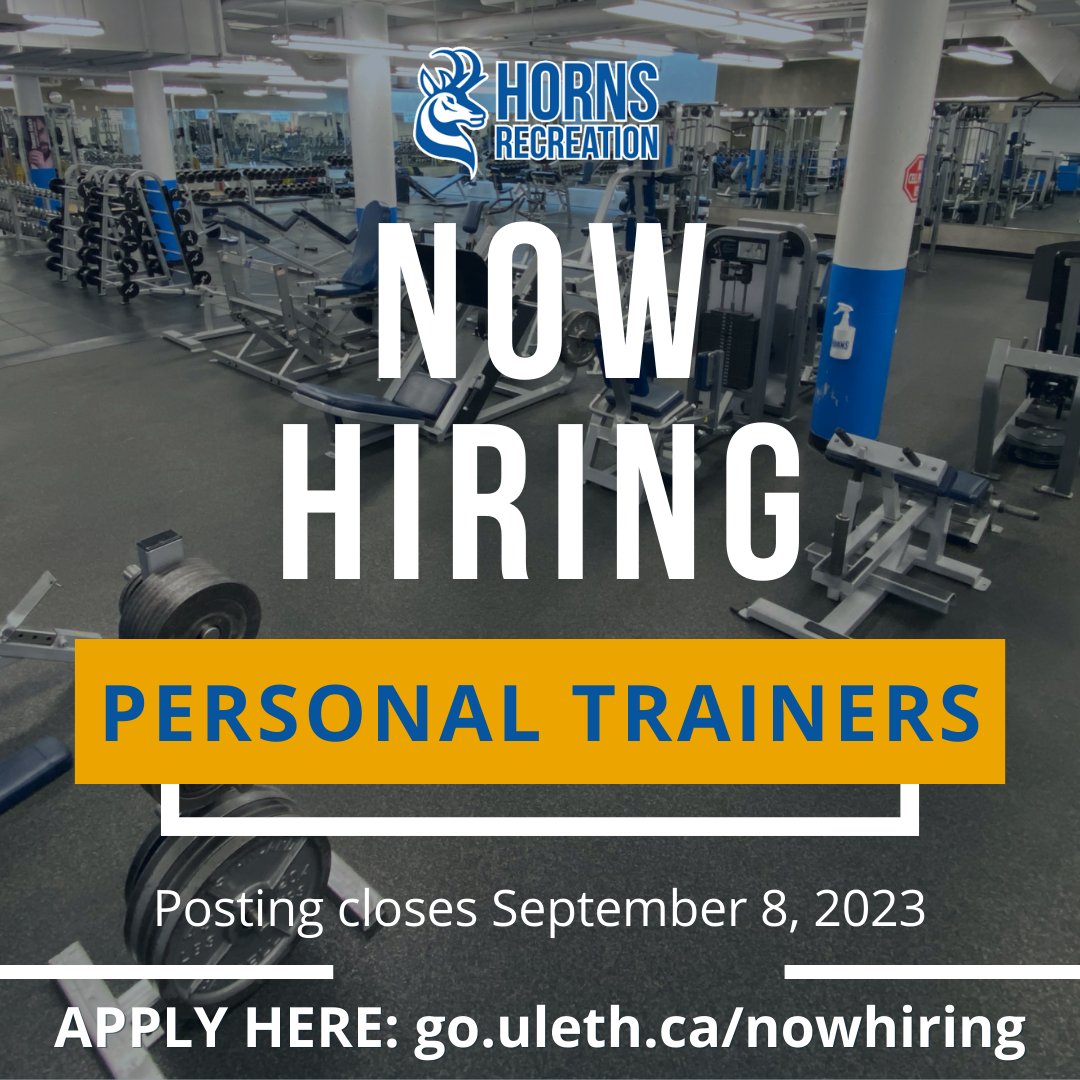 It’s your time to shine!
We are seeking highly motivated and enthusiastic Personal Trainers to join our Horns Recreation Personal Training team! 
For more details and to APPLY, visit: go.uleth.ca/nowhiring
#hornsrec #nowhiring #personaltrainer #fitness #uleth #ulethbridge #yql