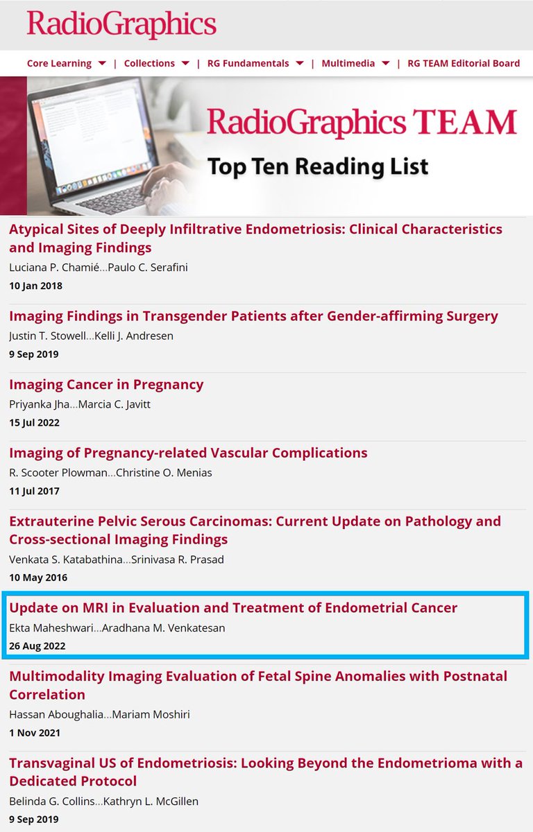 Thank you @RadioGraphics & @cookyscan1 for this recognition! Congrats to my lead author & @SARpelvicDFPs mentee, @drektam, & all our fantastic co-author colleagues on this work. #Teamwork #WomensHealth #EndCancer @SARpelvicDFPs